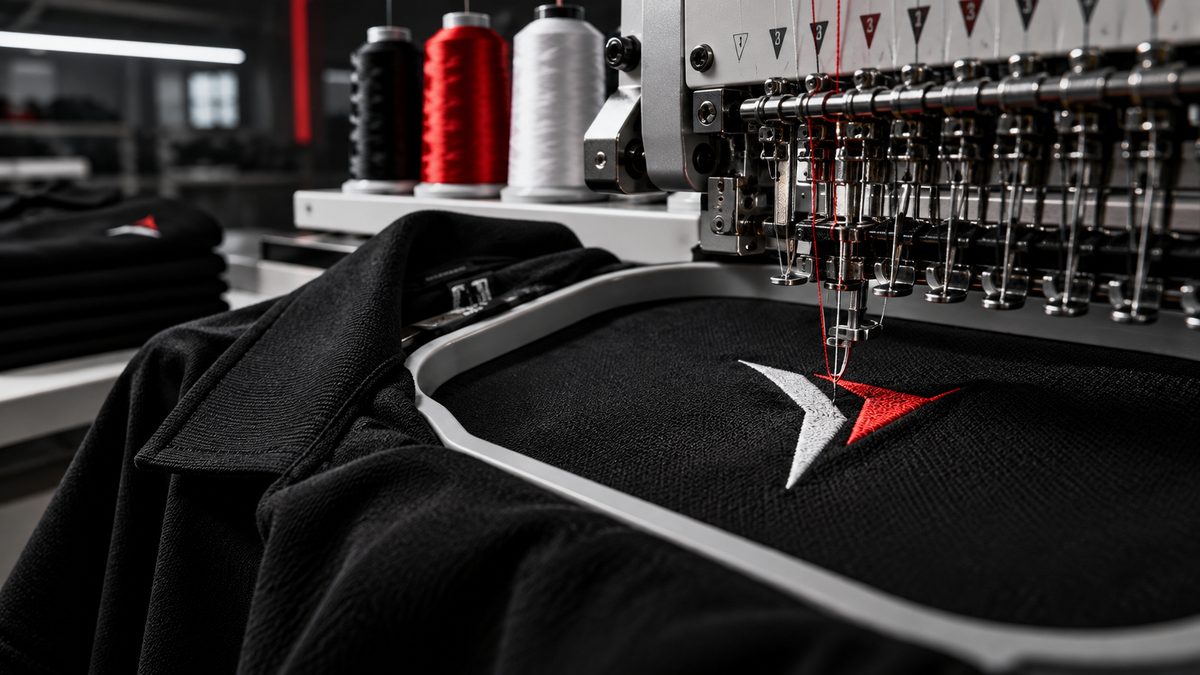 Screen, DTF transfer and embroidered logo side by side