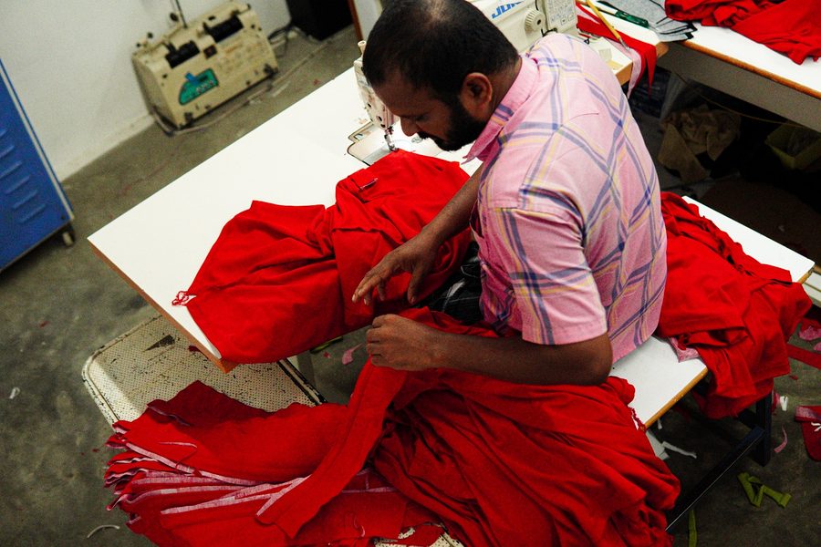 Cutting table — red fabric